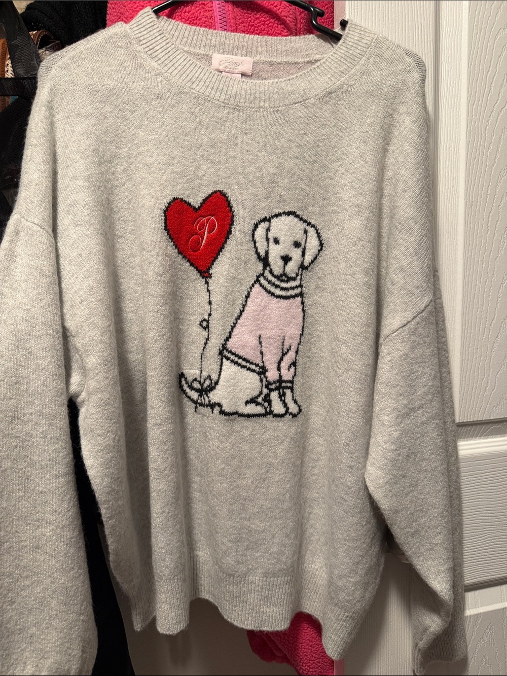PINK Victoria's Secret Gray Knit Sweater with Red Heart and Pink Dog Motif